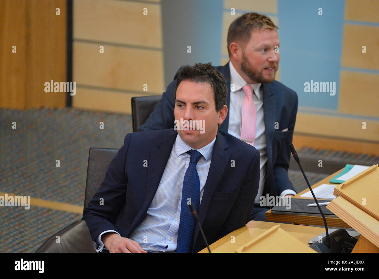 Edinburgh, 8 October 2019.  Pictured: (L-R) Scottish Conservatives, Miles Golden MSP - Chief Whip and Shadow Cabinet Secretary for Climate Change, Environment and Land Reform; Jamie Greene MSP - Shadow Cabinet Secretary for Transport, Infrastructure and Connectivity. A report has been published detailing the range of measures being put in place by the Scottish Government to mitigate a ‘no deal’ Brexit. In a statement to the Scottish Parliament, Deputy First Minister John Swinney said: “The document we have published today sets out not just the measures we are taking to mitigate the worst impac Stock Photo