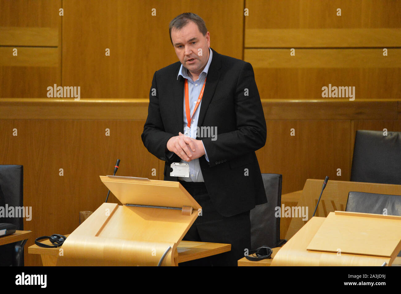 Edinburgh, 8 October 2019.  Pictured: Scottish Labour Party, Neil Findlay MSP. A report has been published detailing the range of measures being put in place by the Scottish Government to mitigate a ‘no deal’ Brexit. In a statement to the Scottish Parliament, Deputy First Minister John Swinney said: “The document we have published today sets out not just the measures we are taking to mitigate the worst impacts of a ‘no deal’ Brexit, but also the areas where we require action from the UK Government. Stock Photo