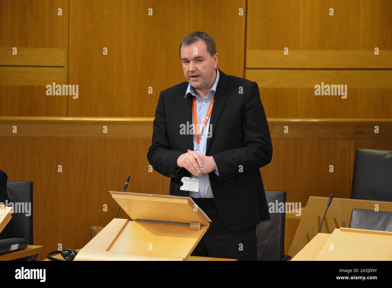 Edinburgh, 8 October 2019.  Pictured: Scottish Labour Party, Neil Findlay MSP. A report has been published detailing the range of measures being put in place by the Scottish Government to mitigate a ‘no deal’ Brexit. In a statement to the Scottish Parliament, Deputy First Minister John Swinney said: “The document we have published today sets out not just the measures we are taking to mitigate the worst impacts of a ‘no deal’ Brexit, but also the areas where we require action from the UK Government. Stock Photo