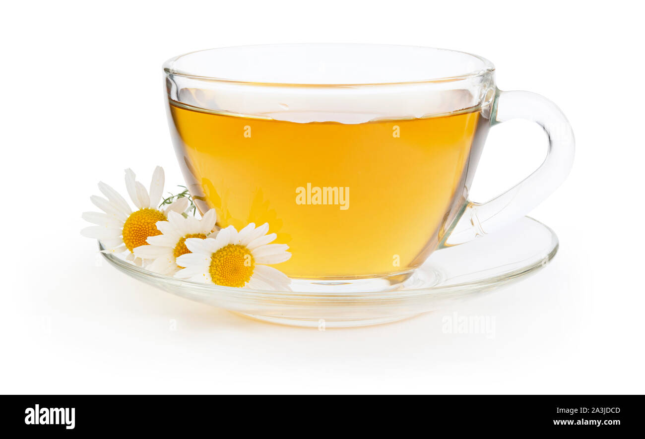 Cup of hot herbal chamomile tea with flowers on white background Stock ...