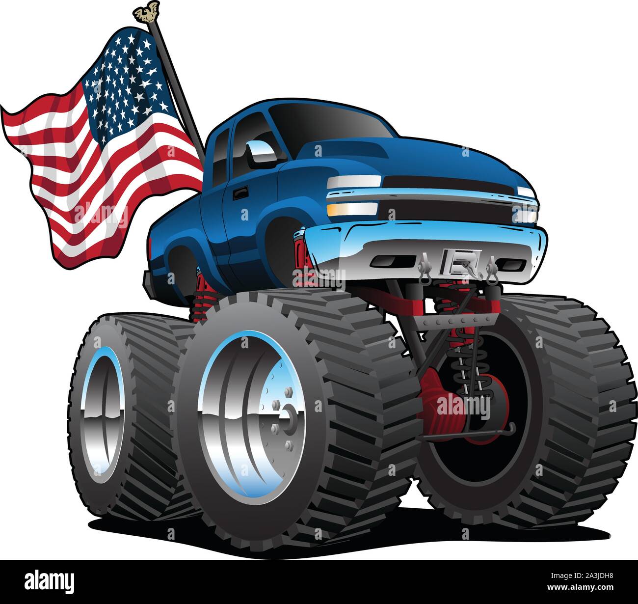 Monster Pickup Truck with USA Flag Cartoon Isolated Vector Illustration Stock Vector