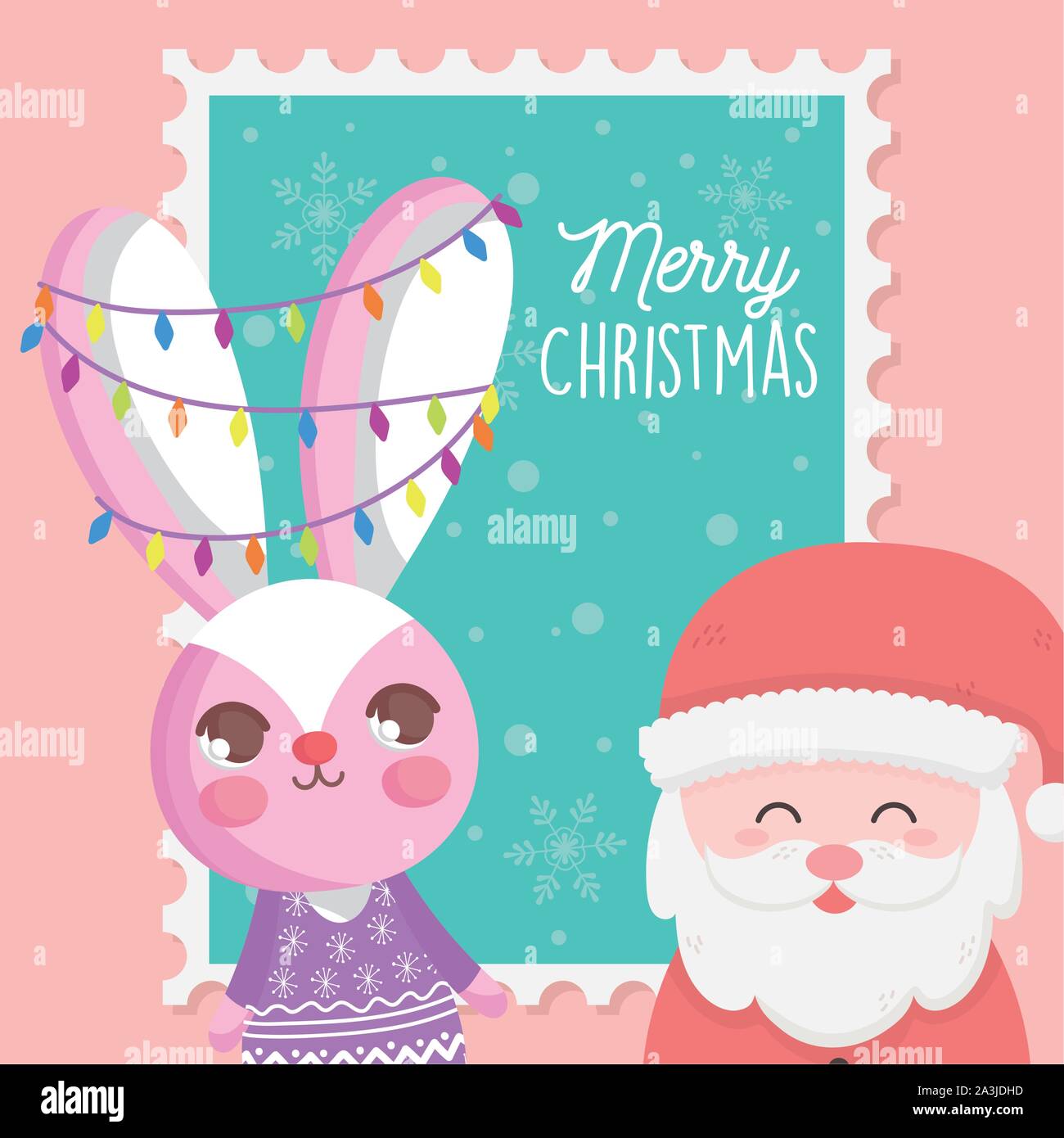 santa and rabbit with lights merry christmas stamp vector illustration ...