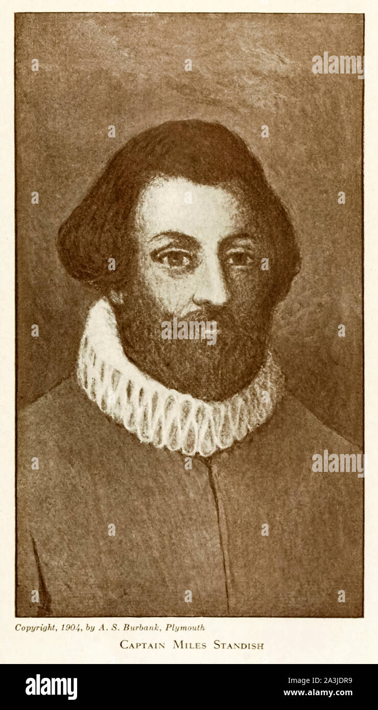 Captain Myles Standish (1584-1656) English military officer hired by the Pilgrims as their military adviser for Plymouth Colony accompanying them on the Mayflower. He was the first commander of the Plymouth Colony militia a position he retained until his death. Photograph of illustration by A.S. Burbank. Stock Photo