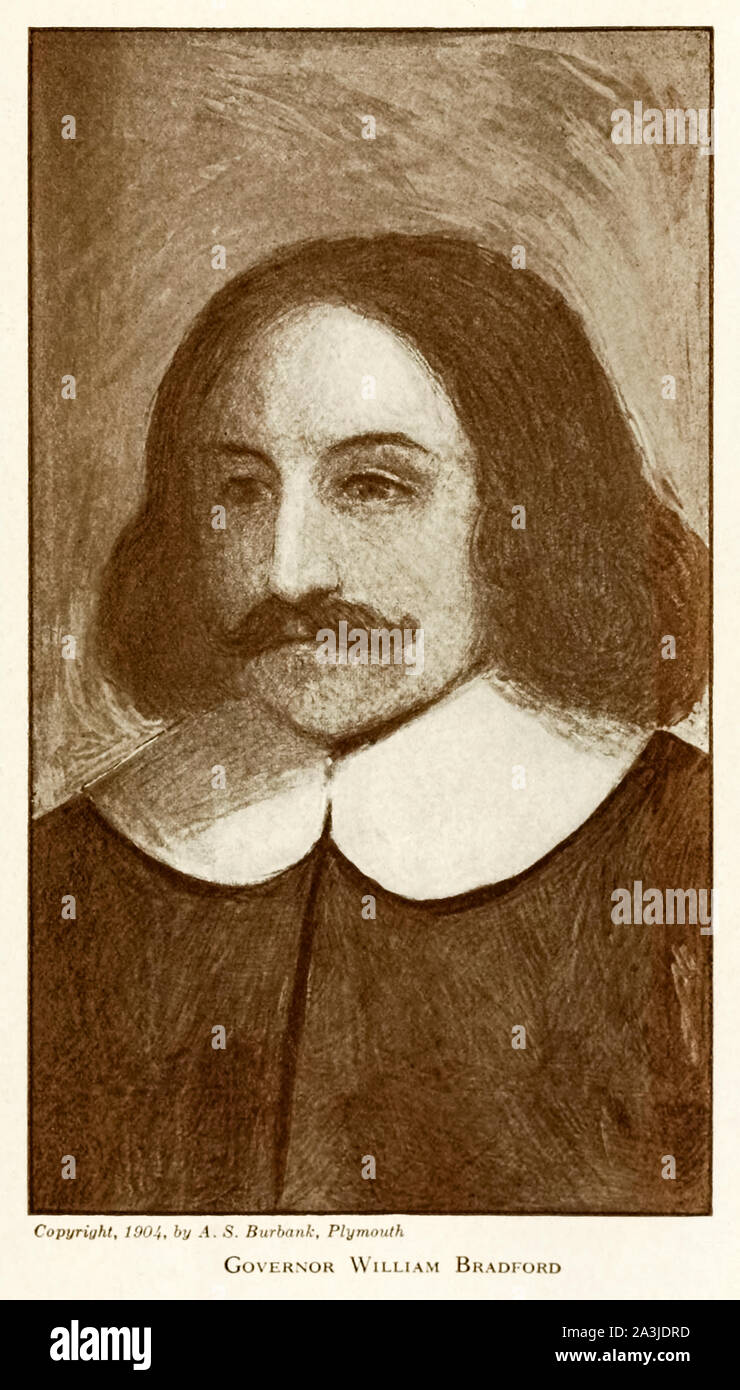 Governor William Bradford (1590-1657) English Puritan who emigrated on board the Mayflower in 1620 and founded the Plymouth Colony in the New World. Photograph of illustration by A.S. Burbank. Stock Photo