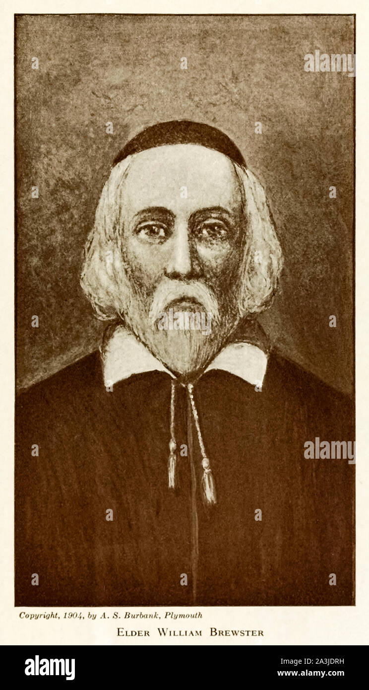 Elder William Brewster (1566-1644) English official part of the Brownist Emigration of early Separatists from the Church of England that travelled on the Mayflower in 1620 to the New World and established the Plymouth Colony. Photograph of illustration by A.S. Burbank. Stock Photo