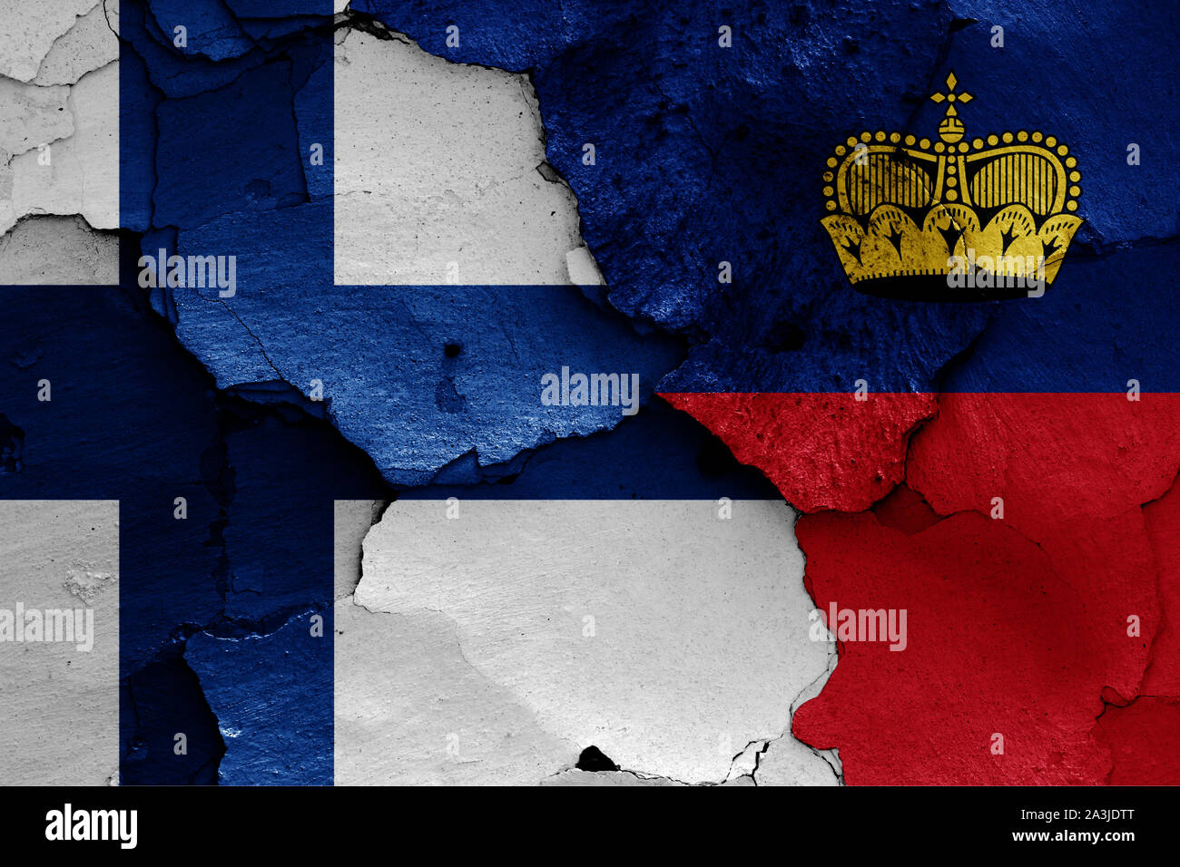 flags of Finland and Liechtenstein painted on cracked wall Stock Photo ...