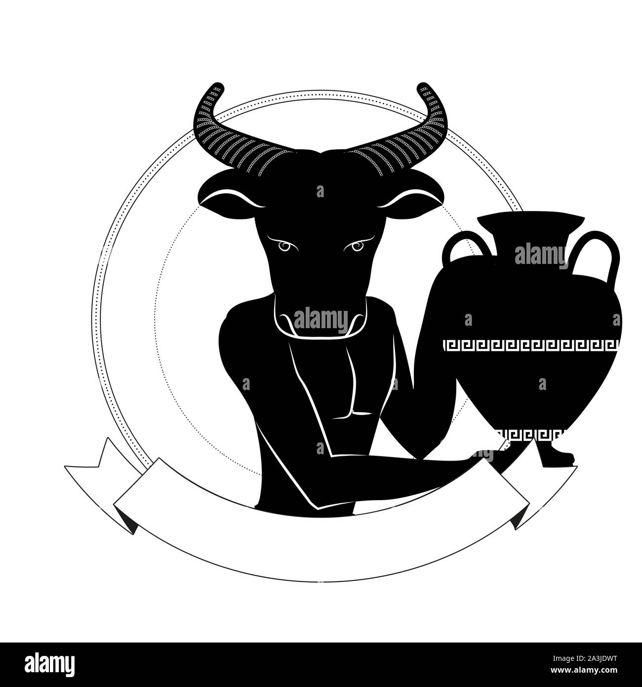 Black figure of man with head of bull carrying an amphora in an ornamental circle, isolated on white background. Stock Vector