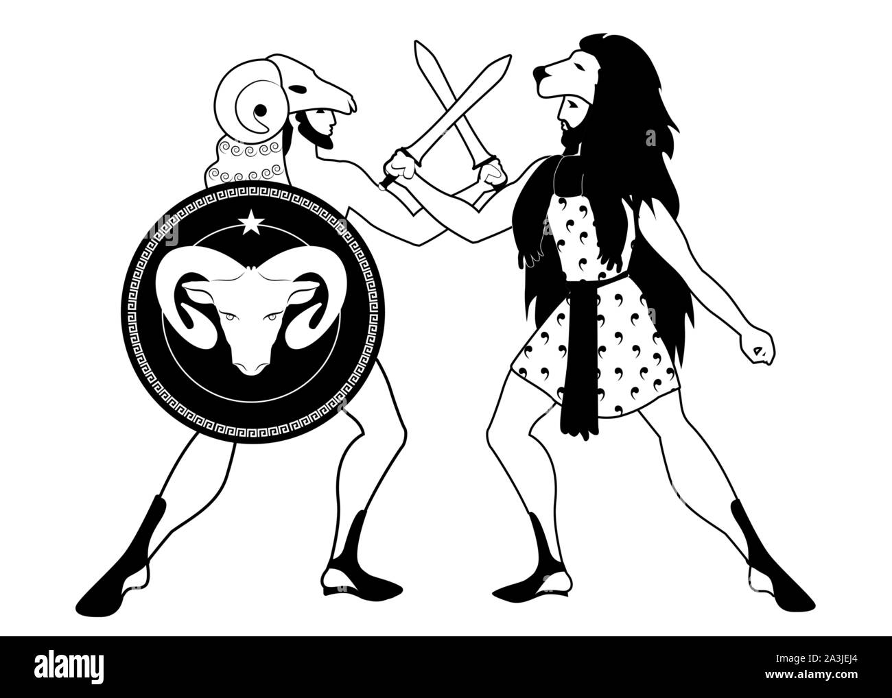 Greek heroes crashing their swords. Jason and Hercules. Fleece and lion. Shield with the image of ram. Ancient Greece style Stock Vector