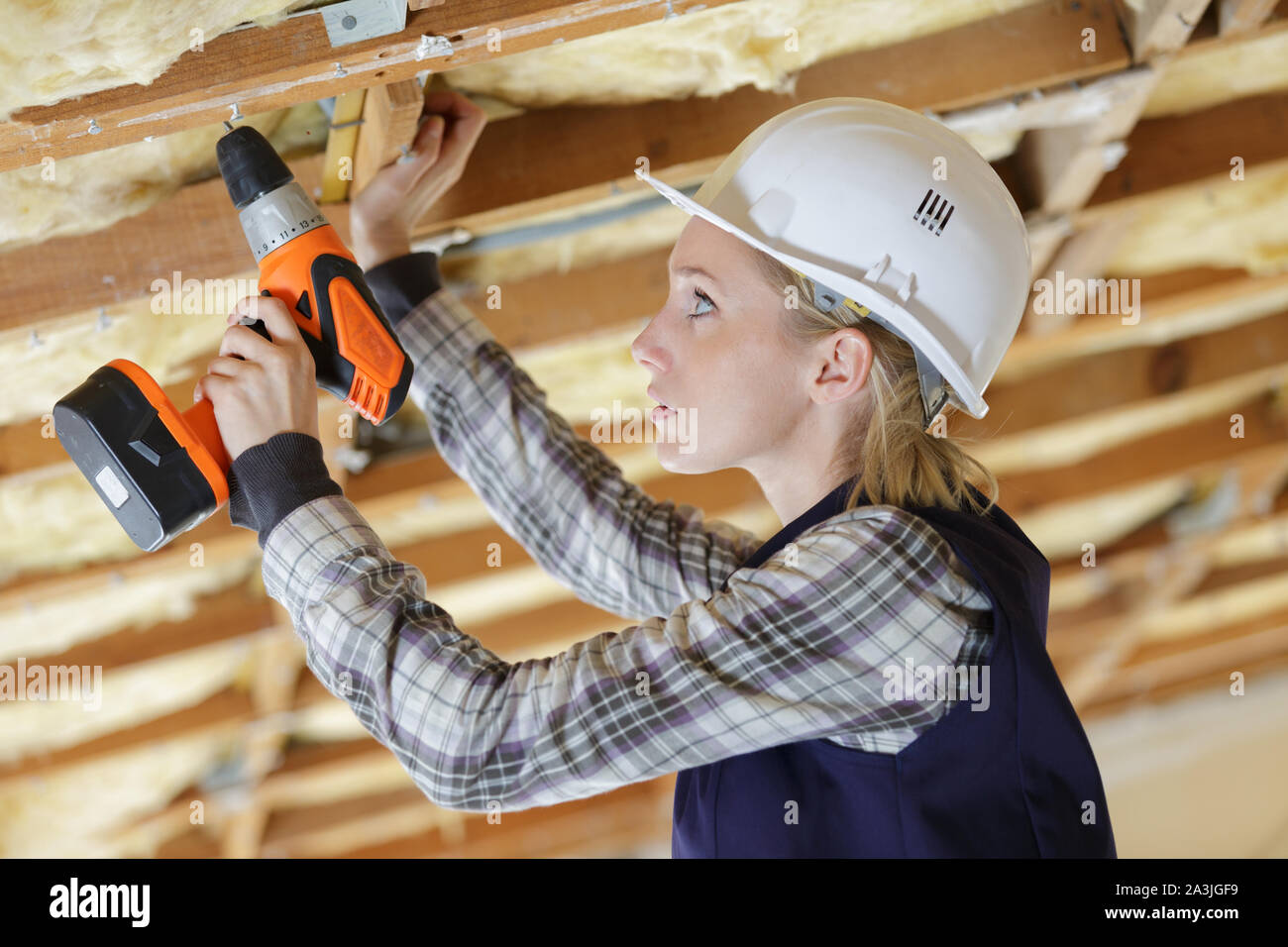 female builder using cordless drill on wooden ceiling joist Stock Photo