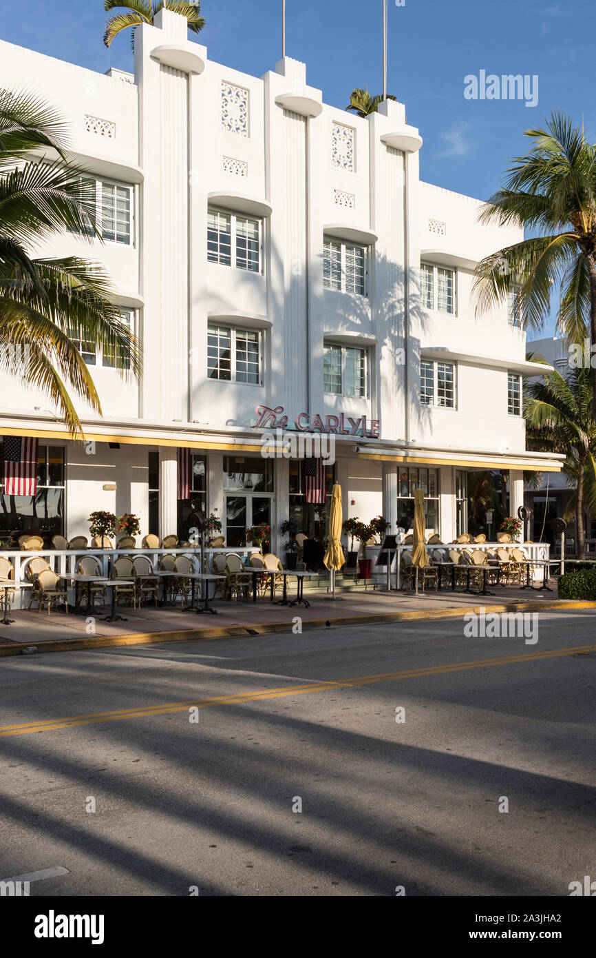 Palm trees casting shadows on the Art Deco facade of the Carlyle condos