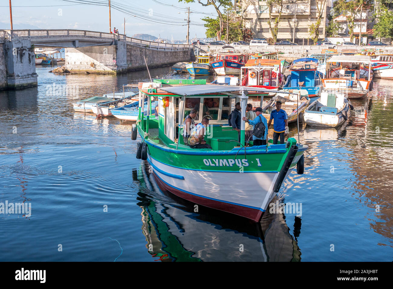Rio de Janeiro, Brazil - October 5, 2019: Fishing boats at the Quadrado da Urca, a small port, Rio de Janeiro, Brazil Stock Photo