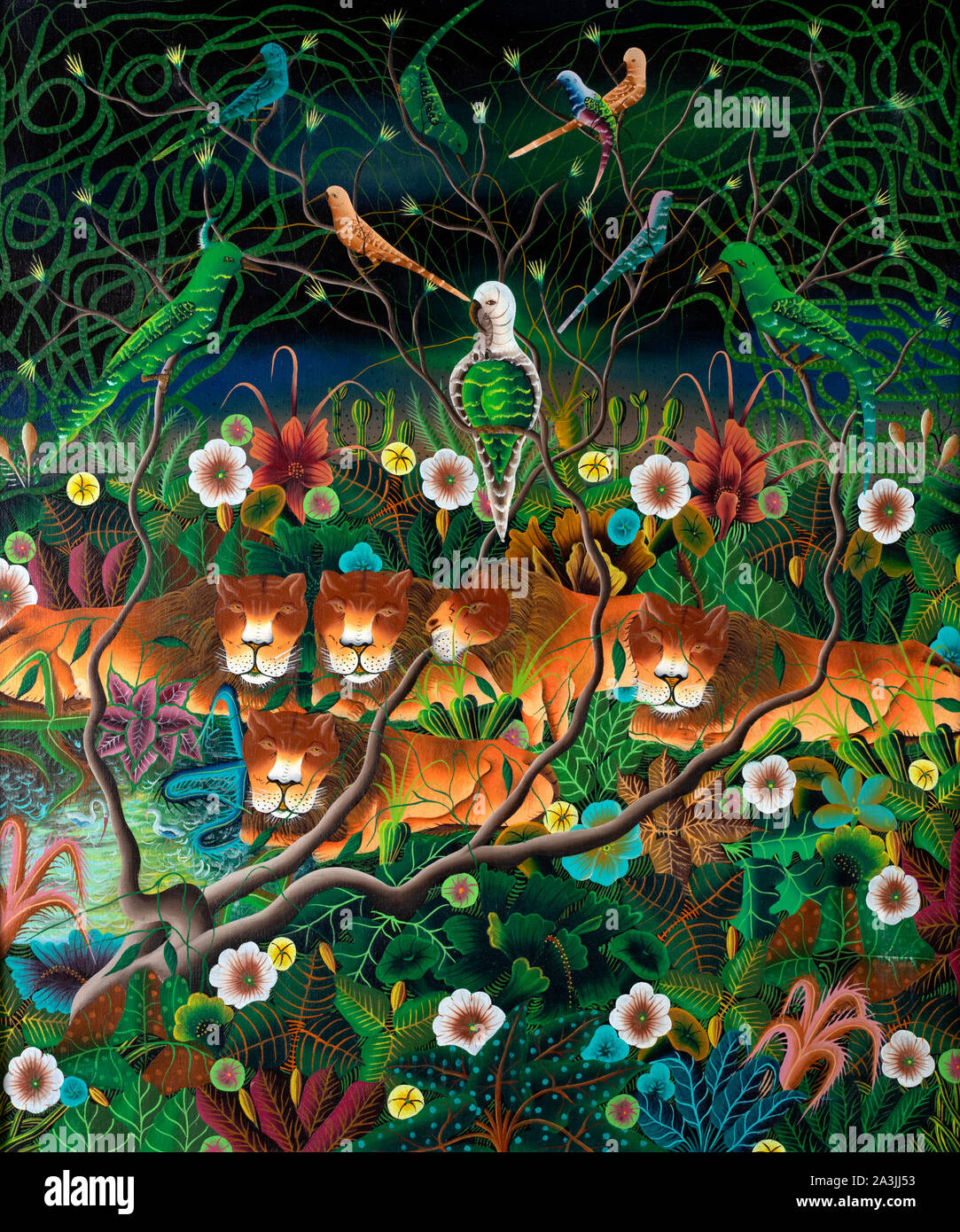 Naive jungle scene composition of lionesses, birds, tropical plants and flowers painted in the style of Haitian art. Stock Photo