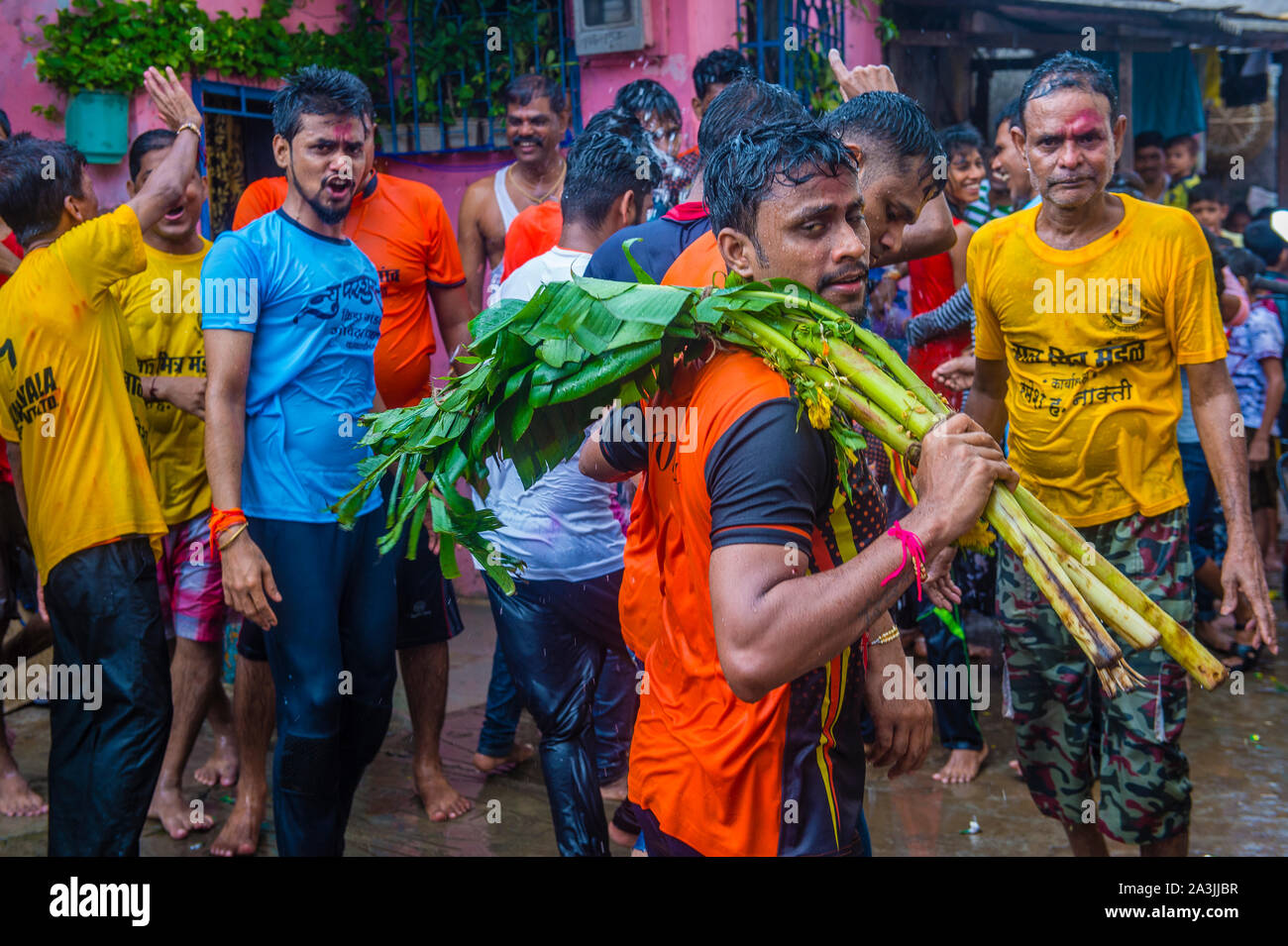 Indian people celebrate during Janmashtami festival in Mumbai India