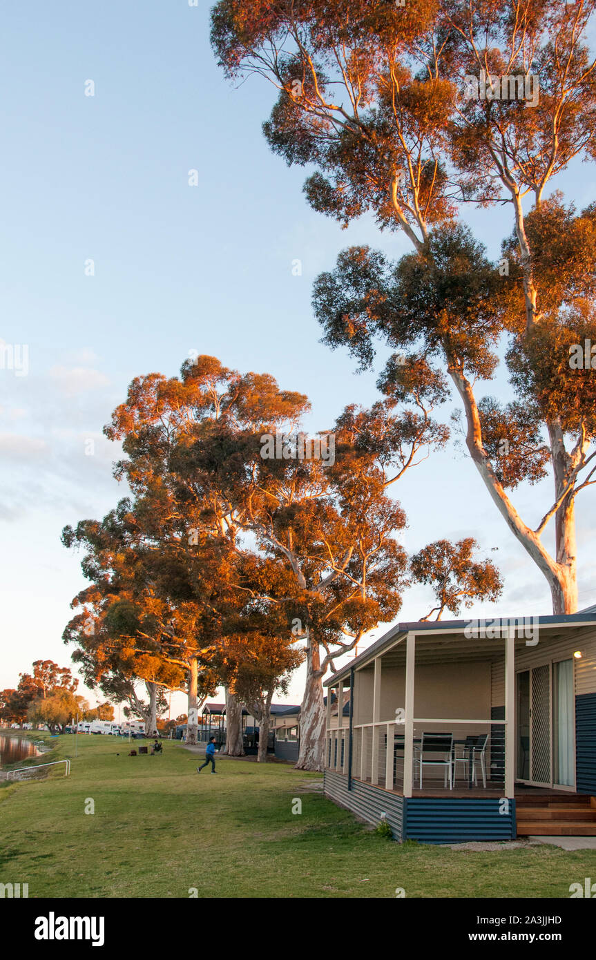 Campground at Lake Boga, near Swan Hill, northern Victoria, Australia. During World War Two a secret flying boat base operated here. Stock Photo