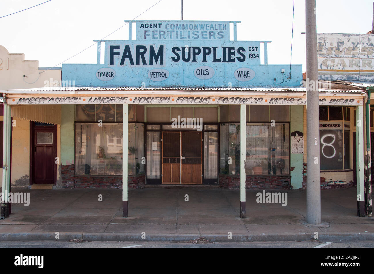 Disused shopfronts in the main street of a small farming town, NW Victoria, Australia Stock Photo