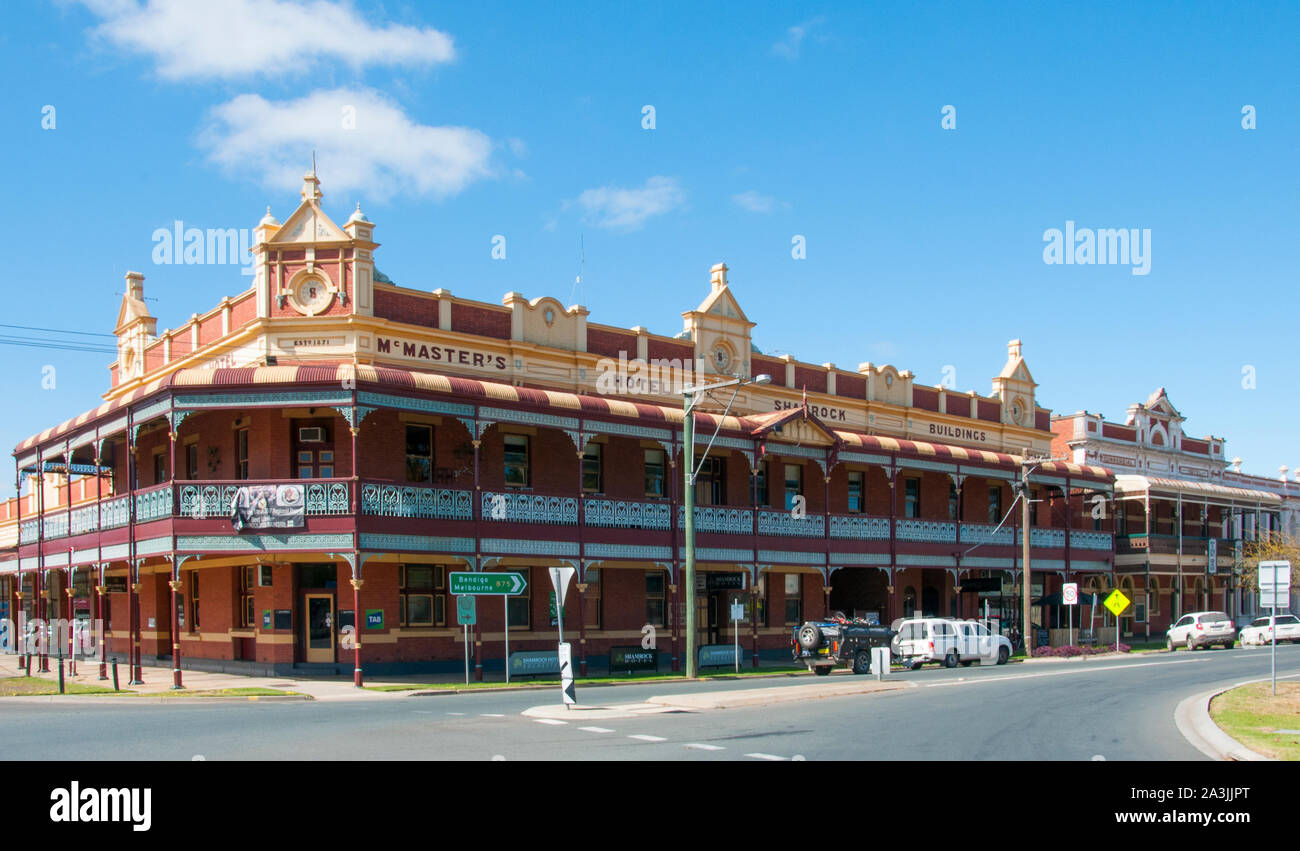Shamrock Hotel (1912), Rochester, northern Victoria, Australia. Image captured before the devastating flood of October 2022. Stock Photo