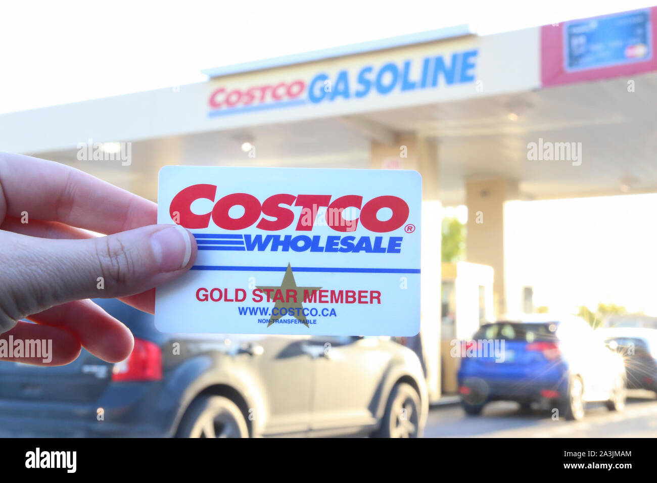 Winnipeg, Manitoba / Canada - October 7, 2019: Costco Card Membership in the First Plan with Cars Line at Gas Station in the Background. Stock Photo