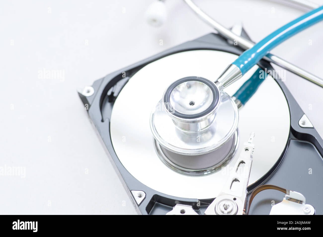 Hard disk drive inside. Data safety concept. Stock Photo