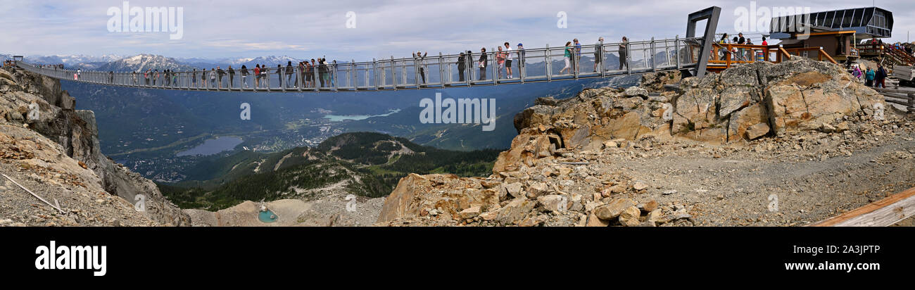 People on  the peak to peak suspension bridge, Whistler, British Columbia, Canada Stock Photo