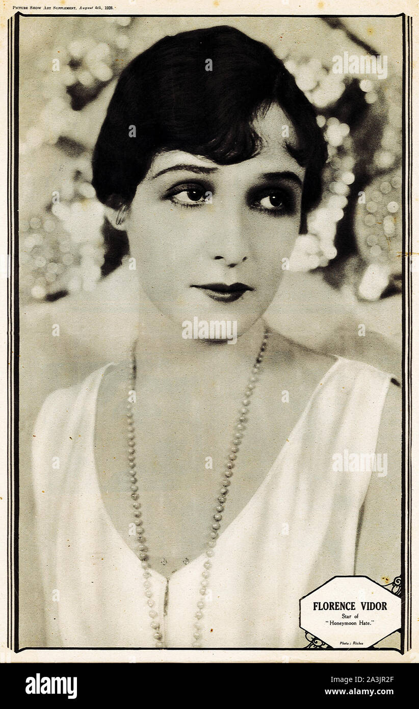 Studio portrait of Hollywood actress, Florence Vidor, famous during the era of silent movies. Centrefold from Picture Show Art Supplement circa 1928. Stock Photo