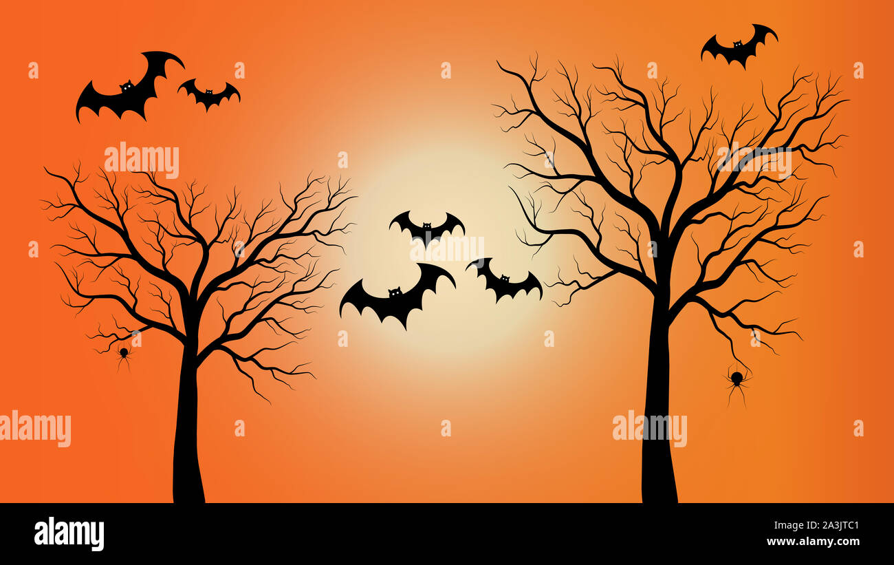 Halloween scary background. Spooky forest with full moon and flying ...