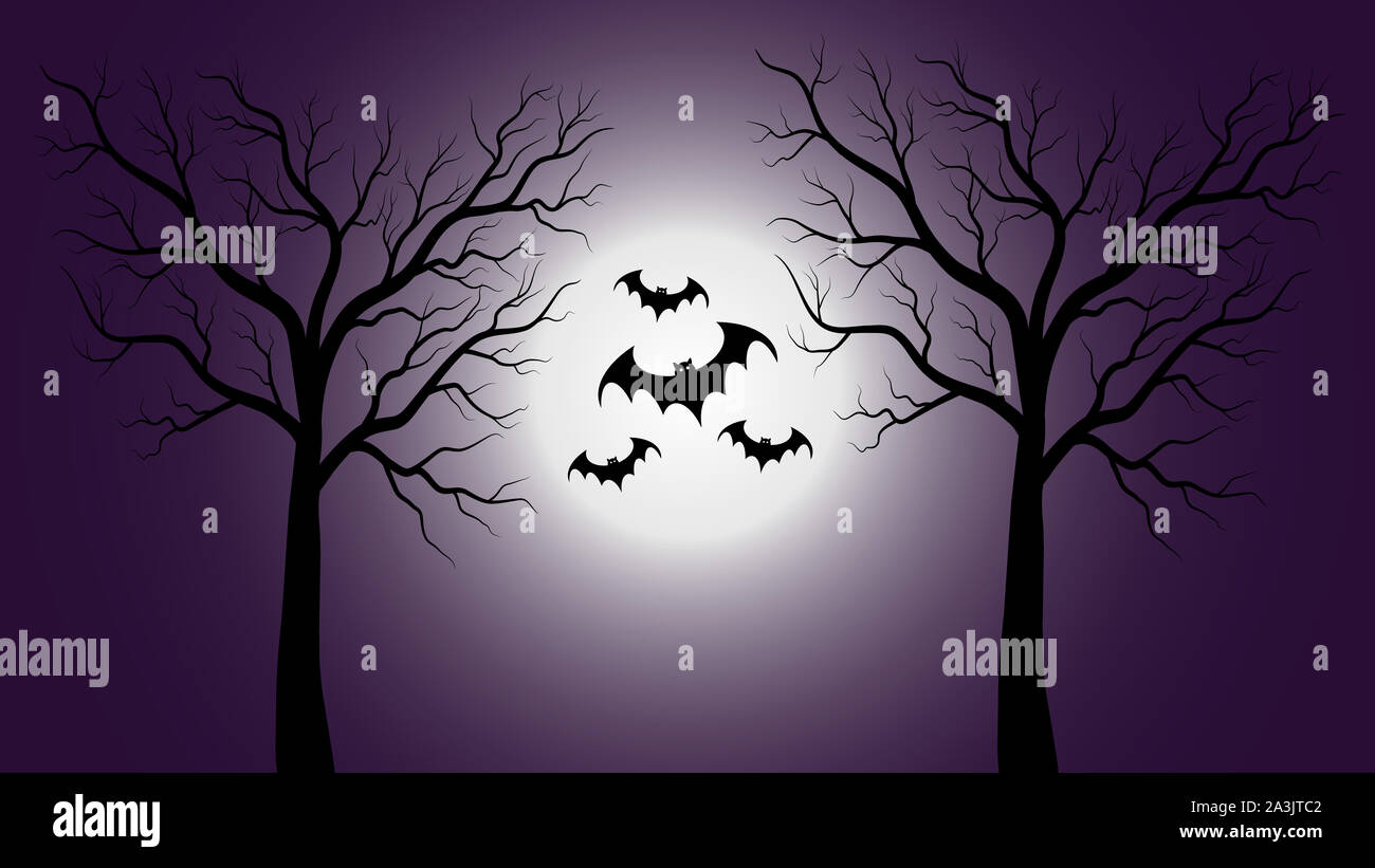 Halloween scary background. Spooky forest with full moon and flying ...