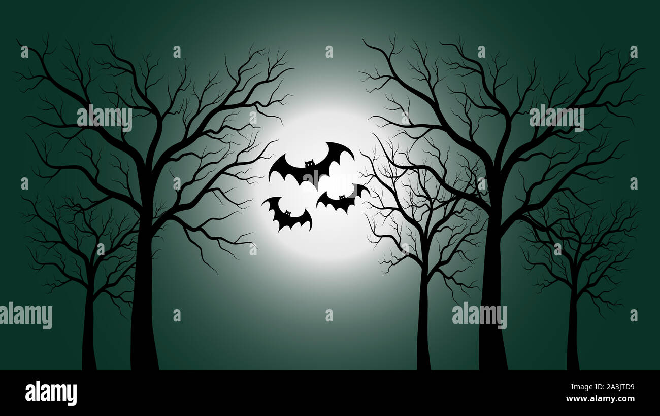 Halloween scary background. Spooky forest with full moon and flying ...