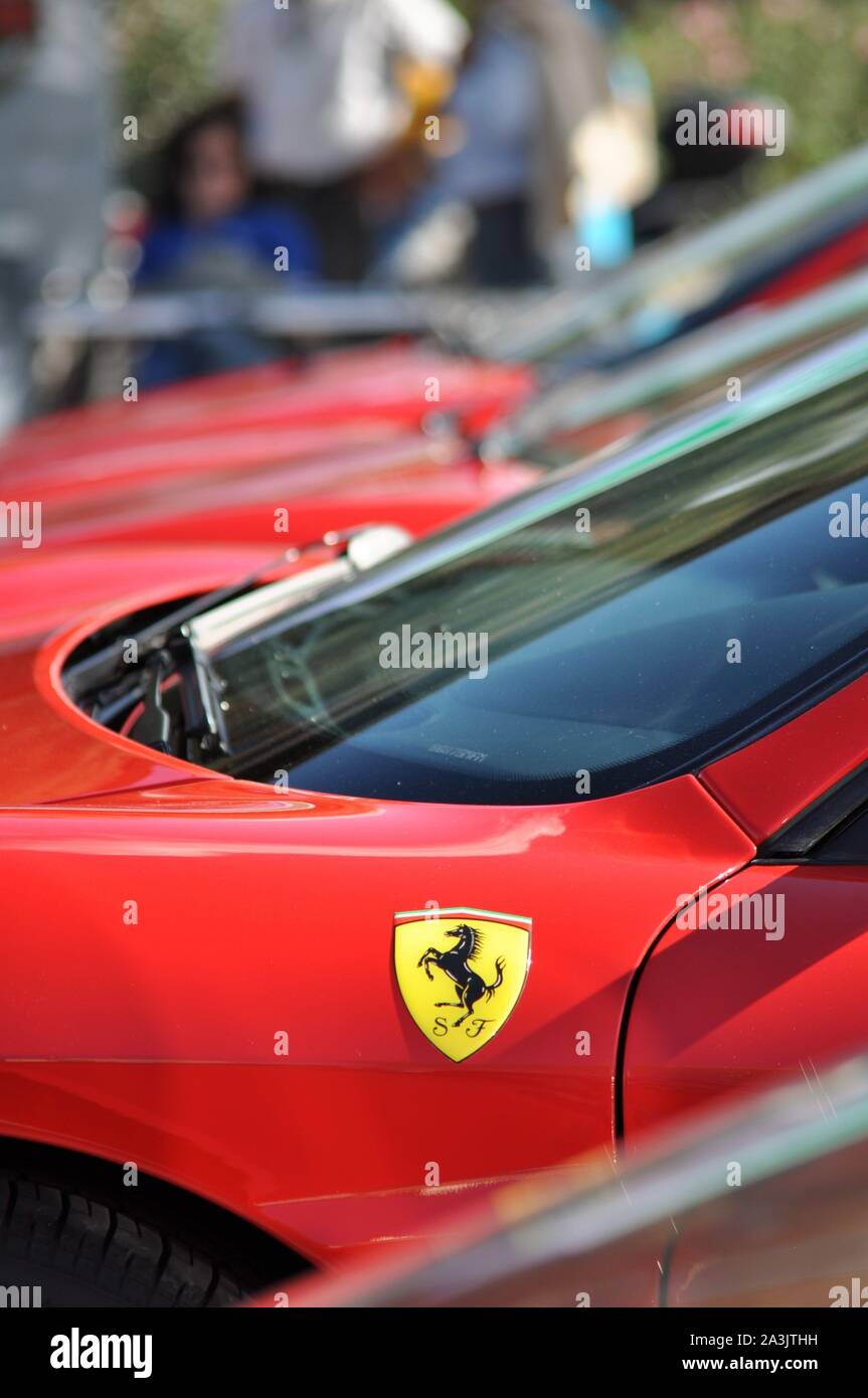 Ferrari logo on an old racing car rallying in exposition Stock Photo ...