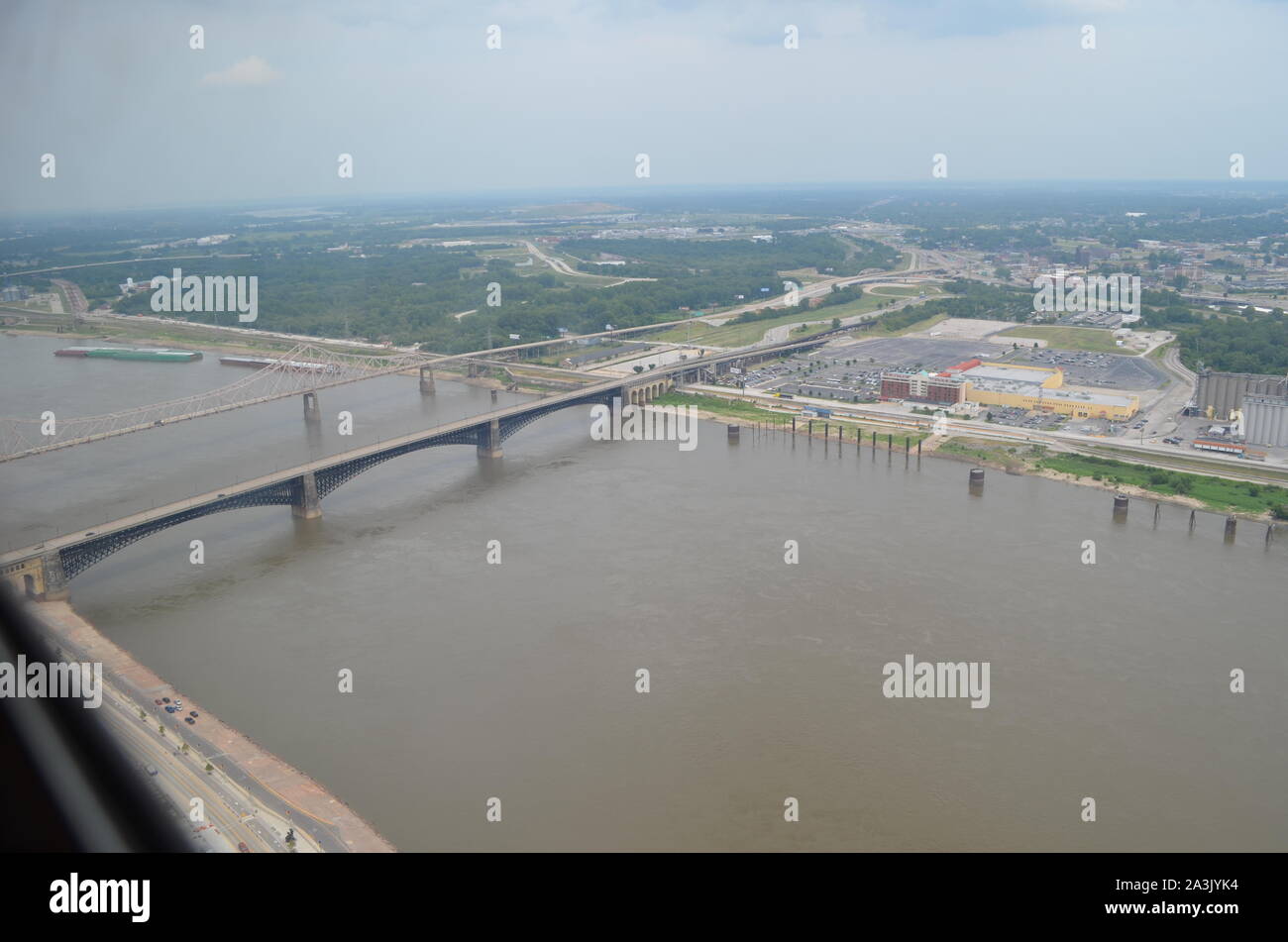 Summer in Missouri: Overlooking Mississippi River, Eads Bridge and Martin Luther King Bridge in St. Louis Stock Photo
