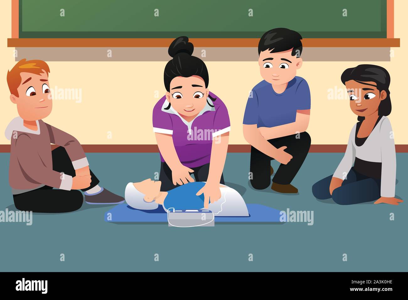 A vector illustration of Instructor Demonstrating CPR to Students in Class Stock Vector