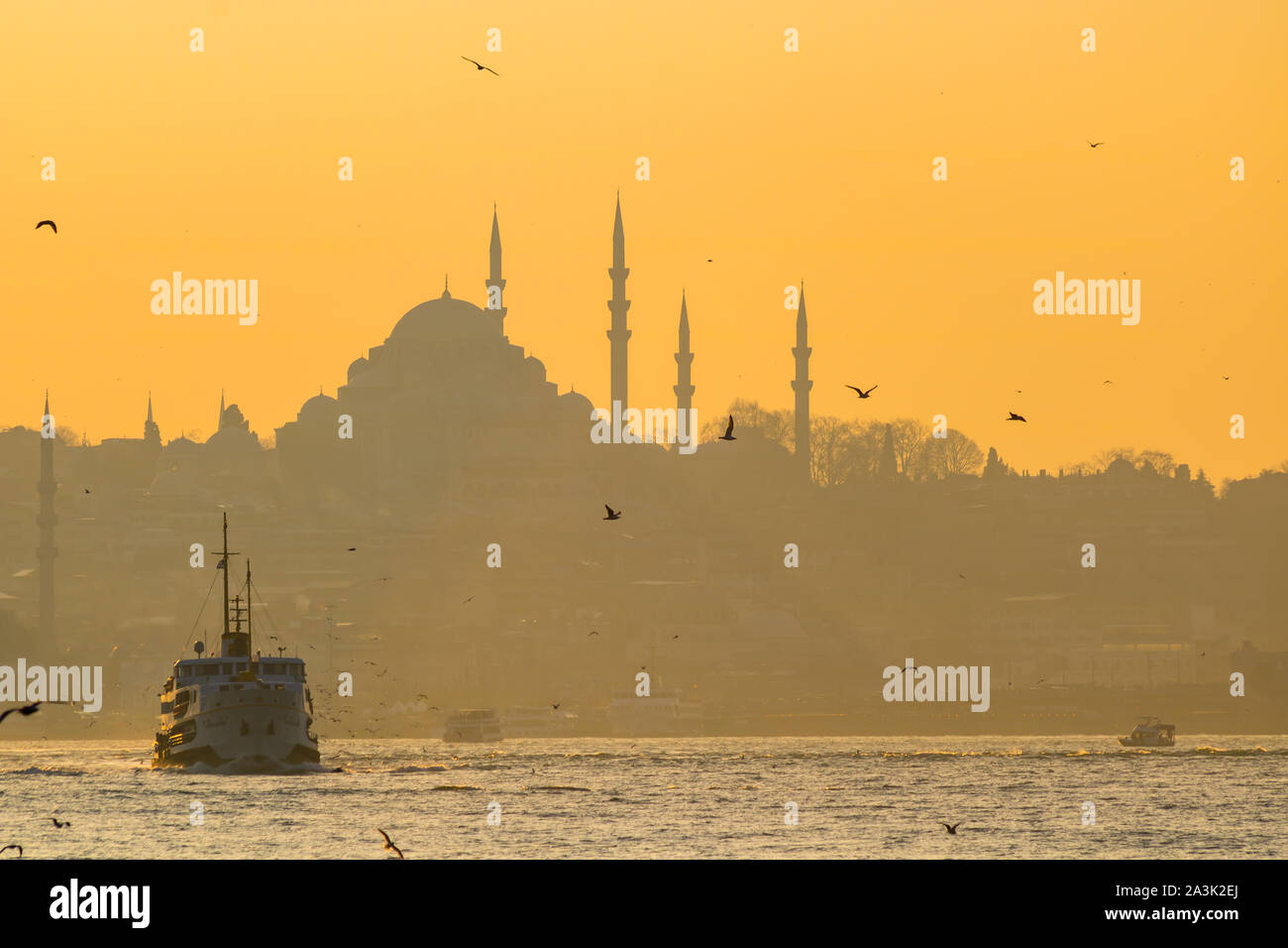 Suleymaniye Mosque and inline ferry of Istanbul at Sunset Stock Photo