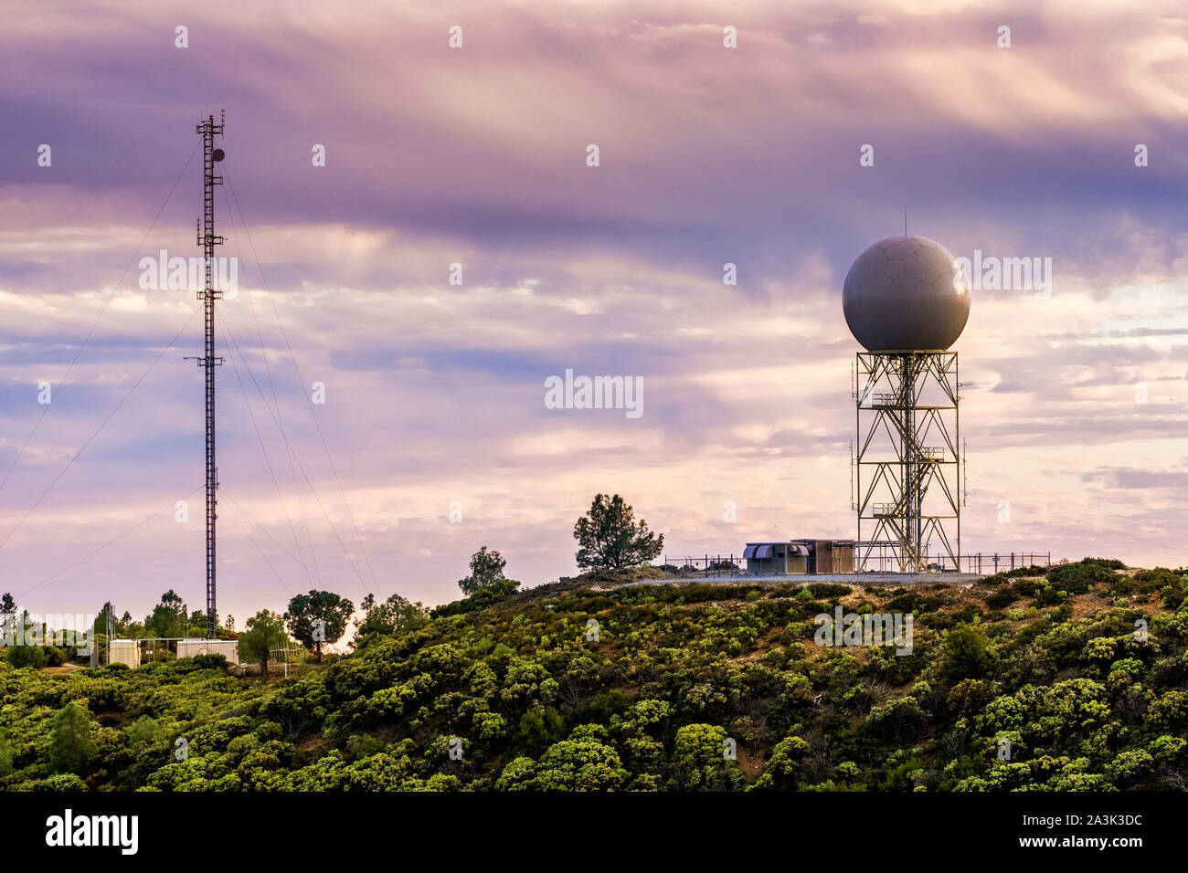 Sunset view of weather station (the Bay Area NEXRAD weather radar) close to the top of Mt Umunhum, San Jose, Santa Cruz mountains, south San Francisco Stock Photo
