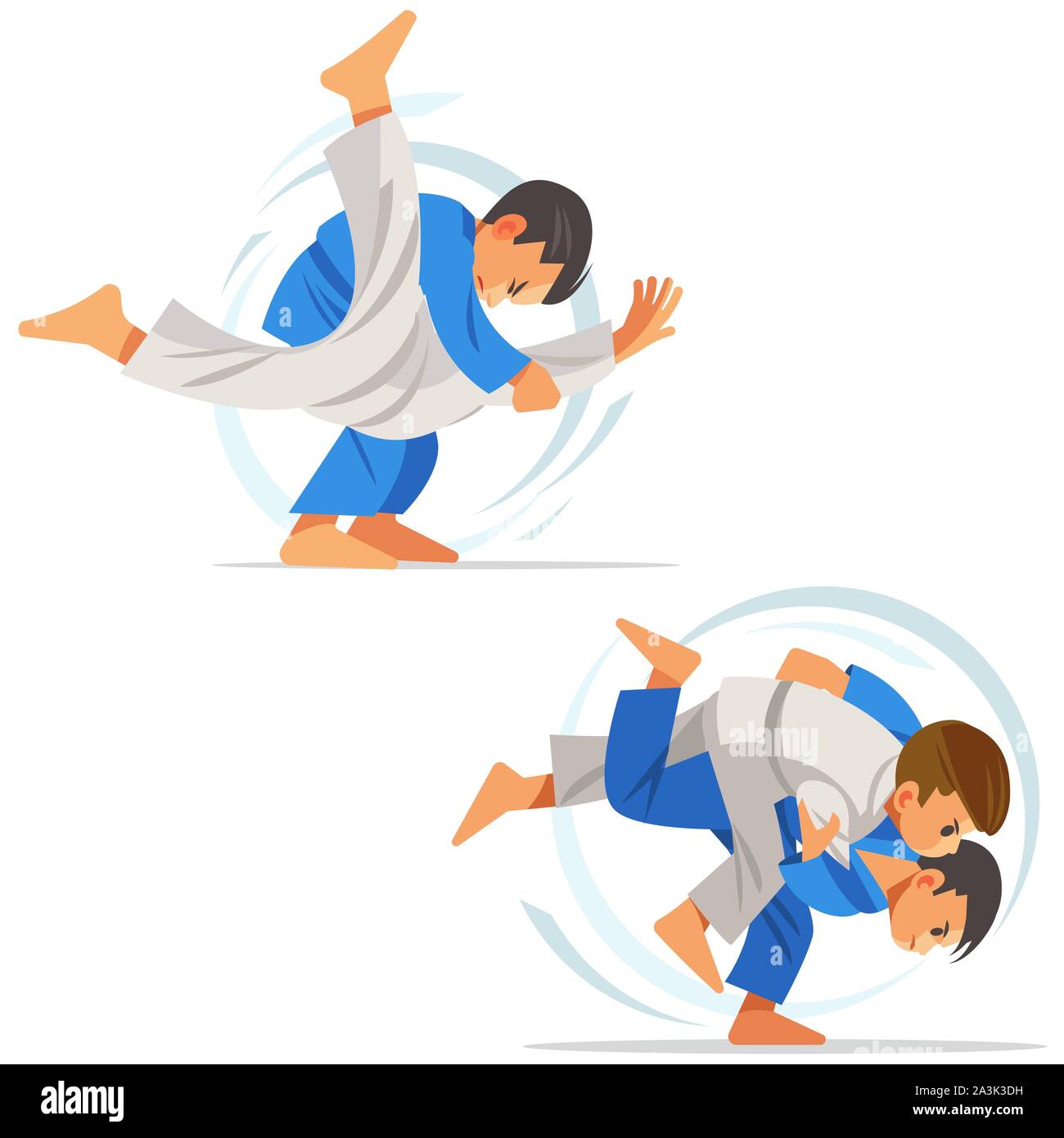 Children are doing high throws judo in judogi. Illustration with different judo Stock Vector
