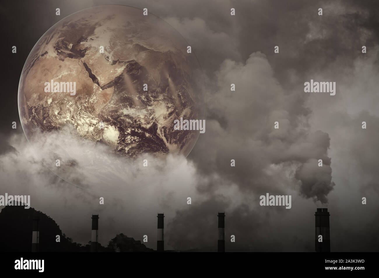 Earth with Air pollution crisis toxic sulfur smoke from coal power plant industrial carbon emit concept. Elements of this image furnished by NASA Stock Photo