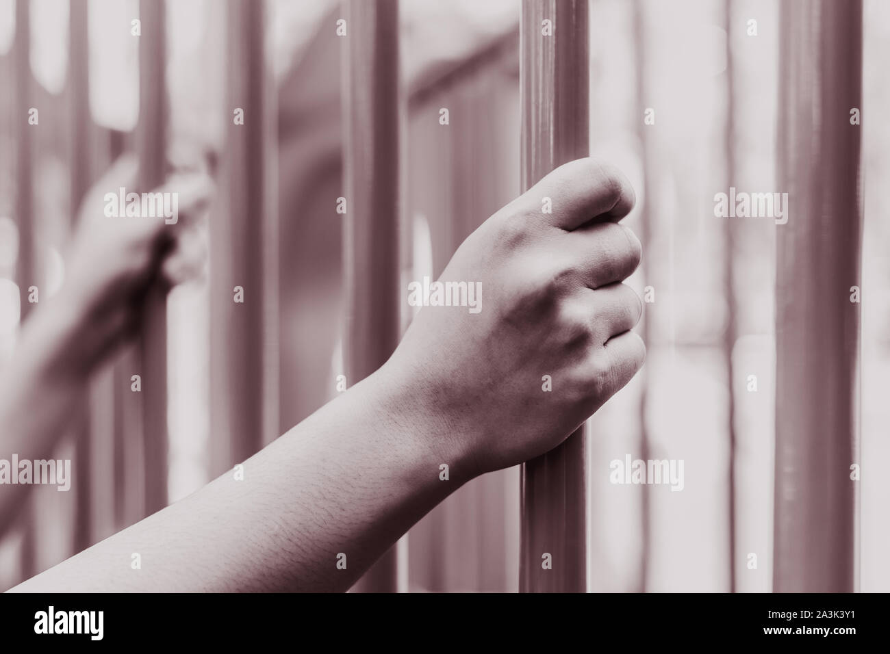 Prison hands holding Steel cage jail bars. offender criminal locked in jail red colour tone. Stock Photo