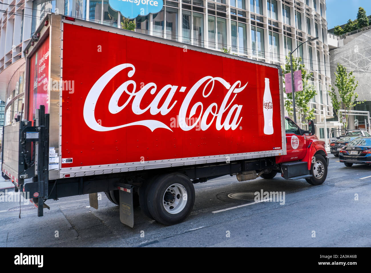 August 21, 2019 San Francisco / CA / USA - Coca Cola truck driving on a street in downtown San Francisco; SOMA District Stock Photo