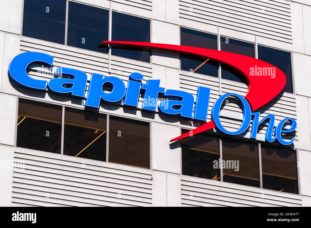 August 21, 2019 San Francisco / CA / USA - Close up of Capital One logo at their corporate headquarters in SOMA district; Capital One Financial Corpor Stock Photo