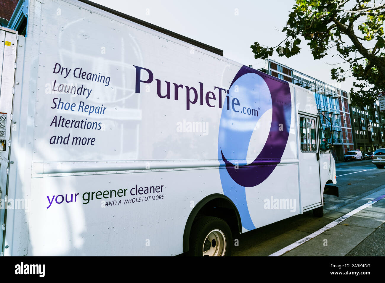 Sep 20, 2019 San Francisco / CA / USA - PurpleTie van; PurpleTie offers Dry Cleaning, Laundry and other services to corporate and residential customer Stock Photo