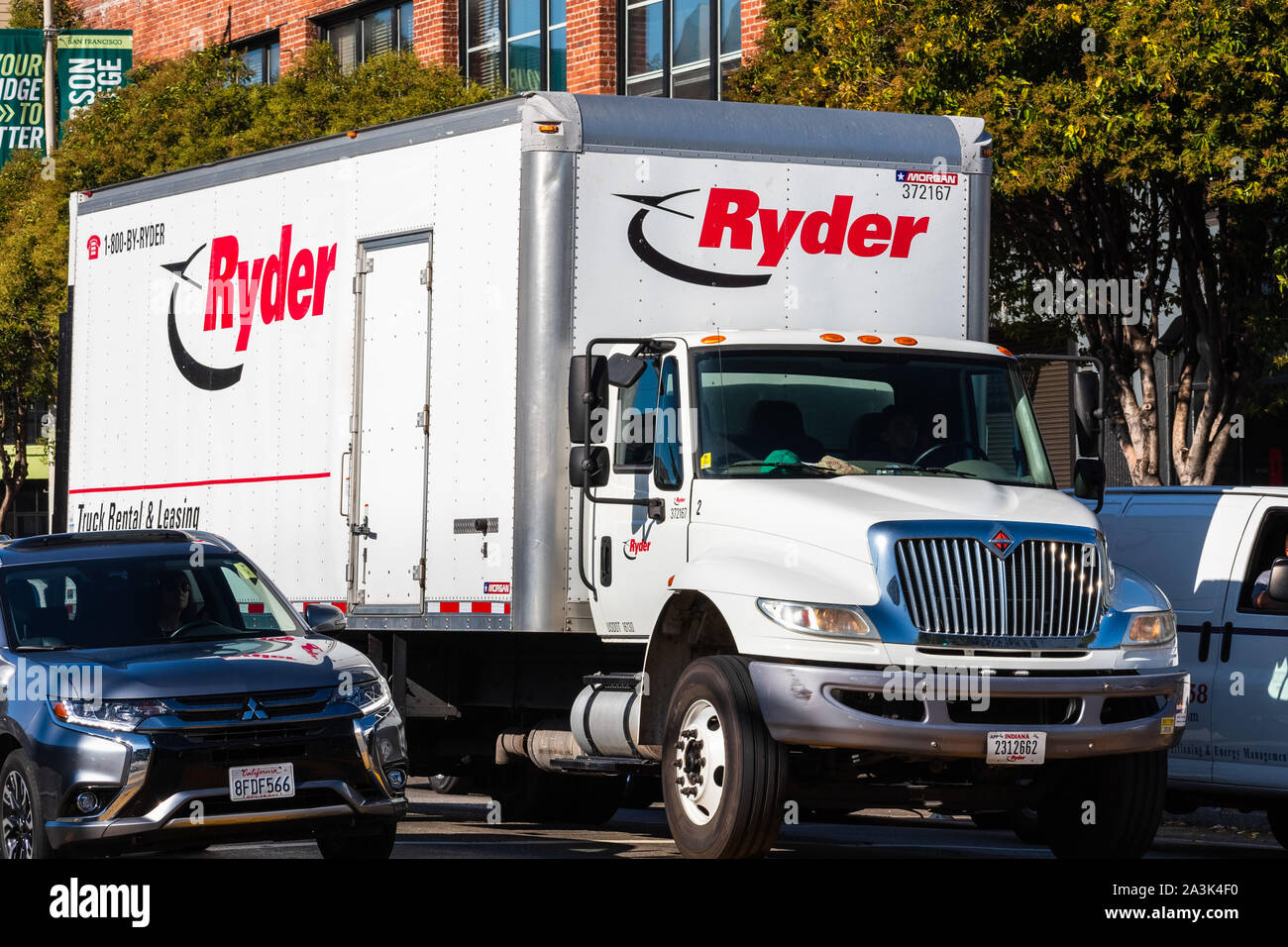 Sep 20, 2019 San Francisco / CA / USA - Ryder truck driving in downtown San Francisco; Ryder System, Inc. is an American provider of transportation an Stock Photo