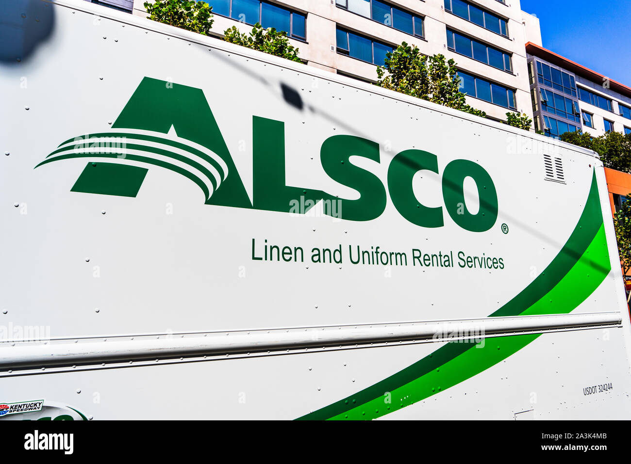 Sep 20, 2019 San Francisco / CA / USA -  Alsco vehicle making deliveries in San Francisco; Alsco, a private company, is a linen and uniform-rental bus Stock Photo