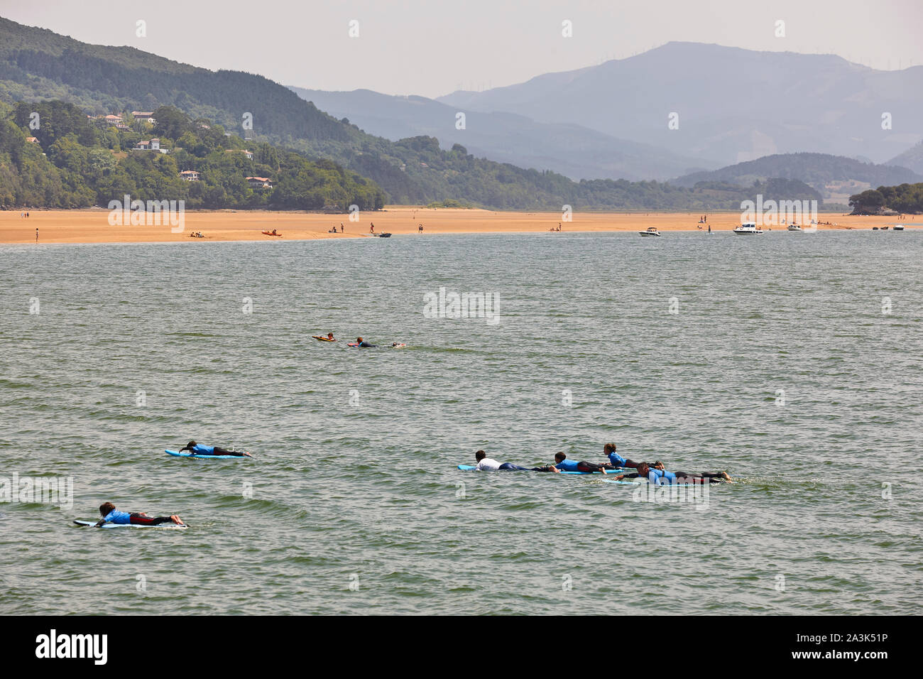 Surf for beginners in Euskadi coastline. Mundaka beach. Urdaibai, Spain Stock Photo