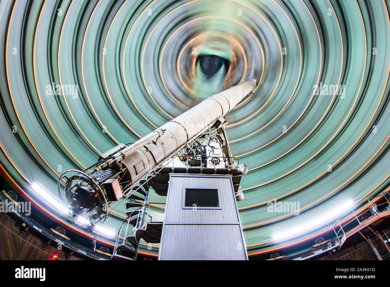 Sep 28, 2019 San Jose / CA / USA - The historical 36-inch telescope at Lick Observatory; long exposure, moving dome in the background; Mount Hamilton; Stock Photo