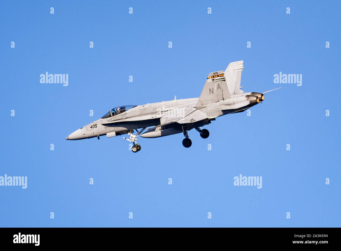 Oct 7, 2019 Sunnyvale / CA / USA -  McDonnell Douglas F/A-18 Hornet aircraft VMFA-323) landing at Moffett Federal Airfield; Marine Fighter Attack Squa Stock Photo