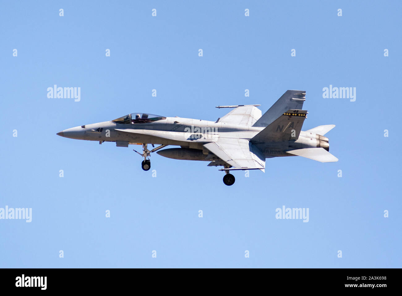 Oct 7, 2019 Sunnyvale / CA / USA -  McDonnell Douglas F/A-18 Hornet aircraft VMFA-323) landing at Moffett Federal Airfield; Marine Fighter Attack Squa Stock Photo