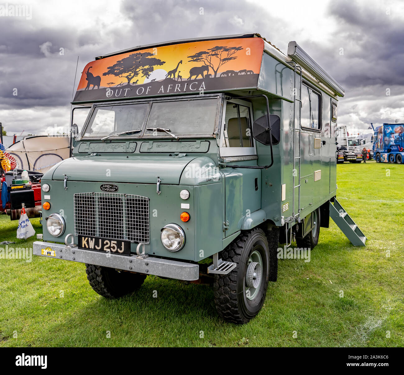 Classic Landrover people carrier used for transporting tourists through the game parks of Africa on safari adventures on display at the annual Newa Stock Photo