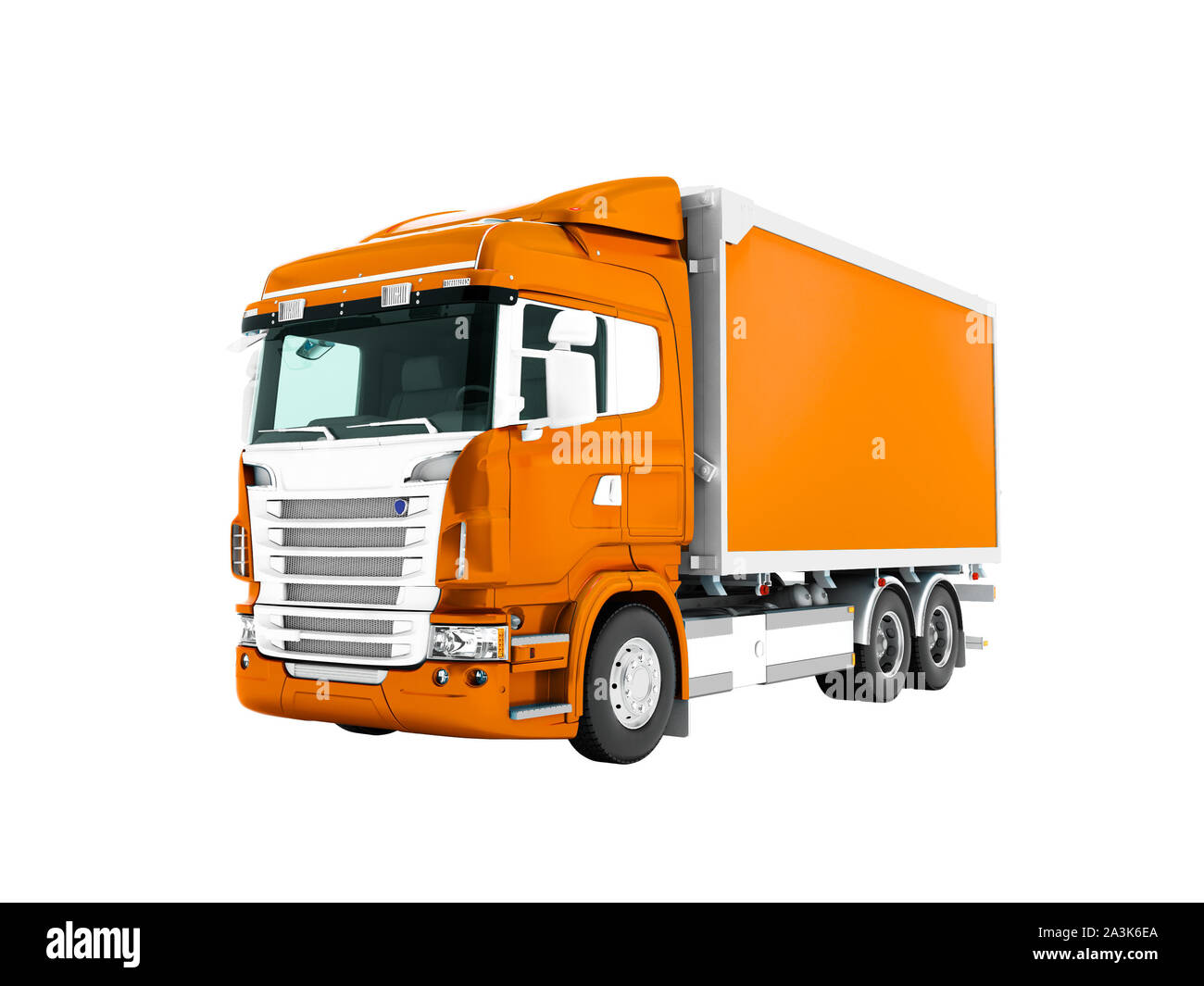 Modern orange truck with an orange trailer with white inserts to