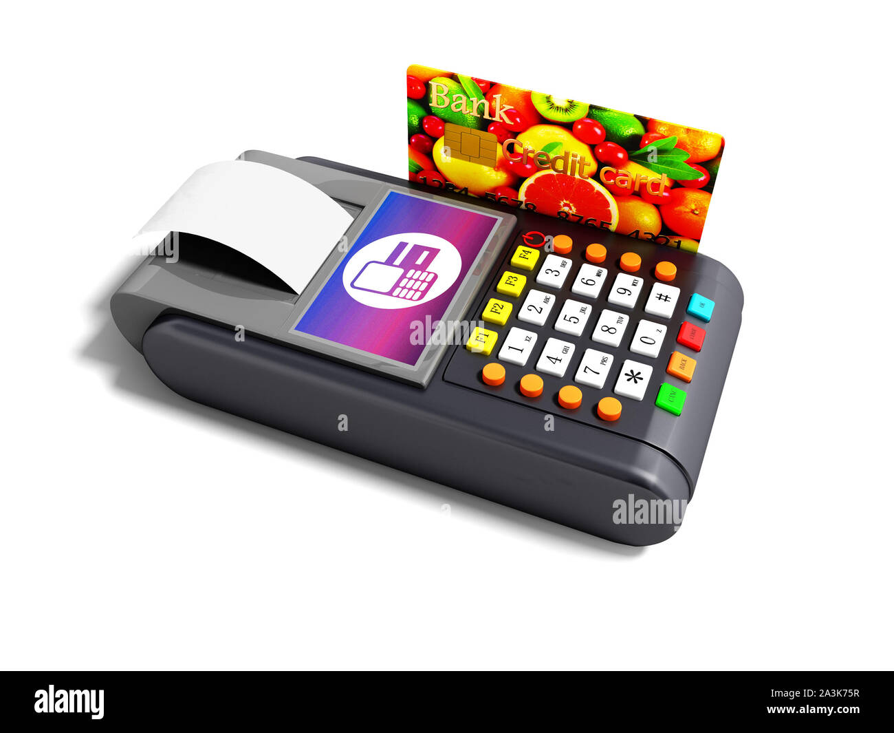 Modern terminal of payment card POS terminal with credit card and receipt 3d render on white background with shadow Stock Photo