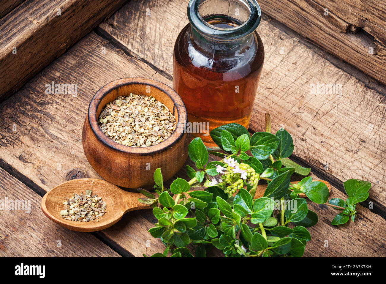 Bottle of oregano essential oil with fresh and dry oregano leaves Stock