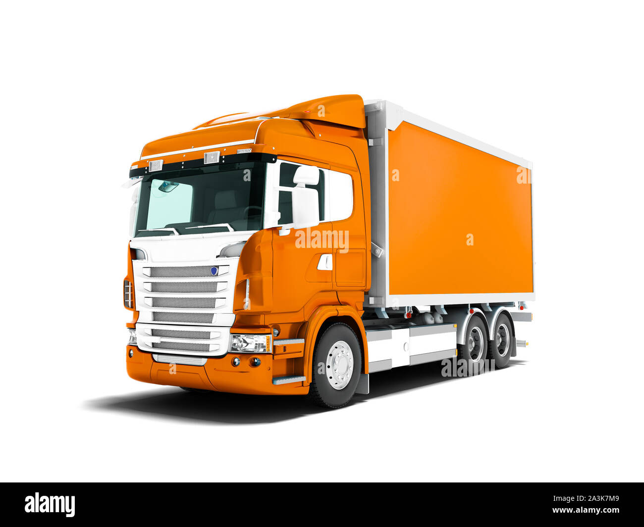 Modern orange truck with an orange trailer with white inserts to