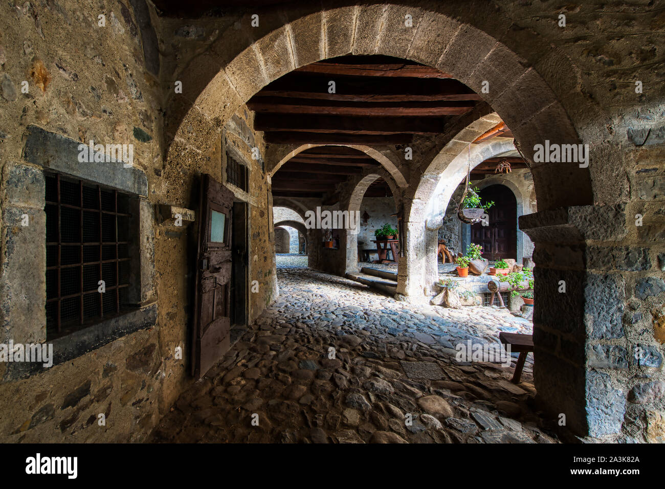 The arcades of the Cornello dei Tasso. Ancient village of the brembana valley Bergamo Italy Stock Photo